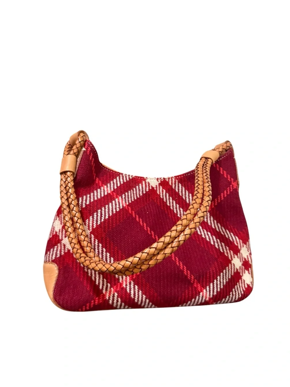 Vintage Burberry Red Plaid Wool Shoulder Bag Braided Leather Strap Nova Check - Picture 5 of 10